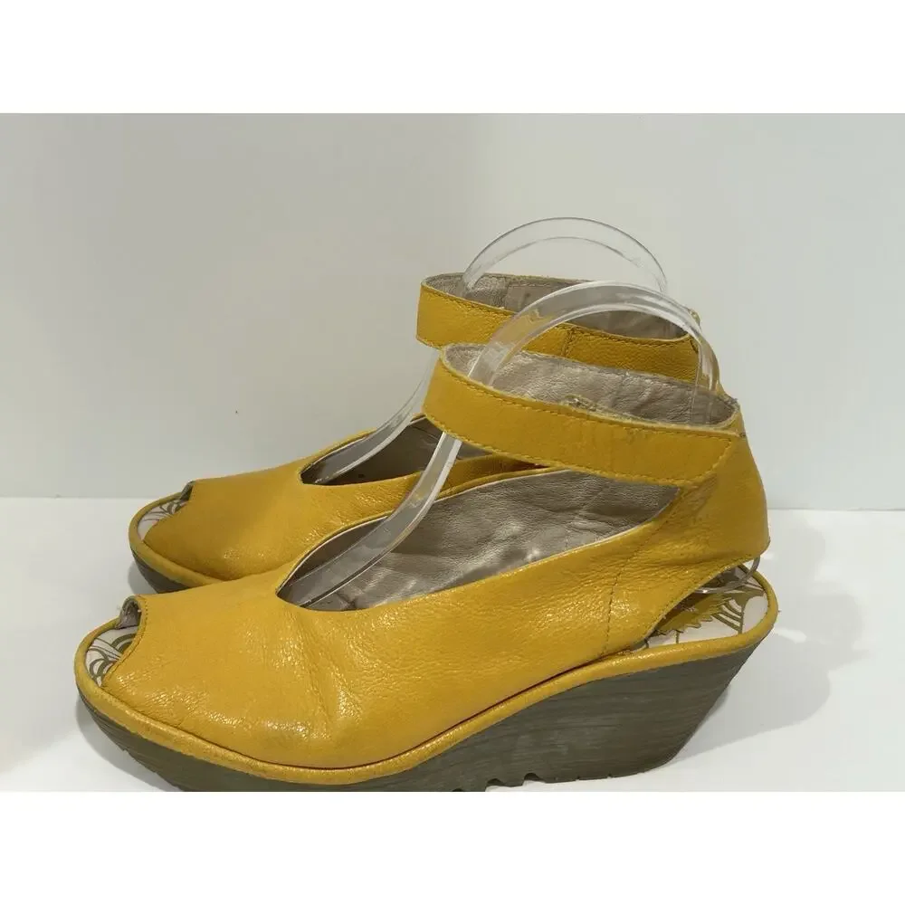 fly London leather sandal Yellow Ankle Strap Platform Size 8